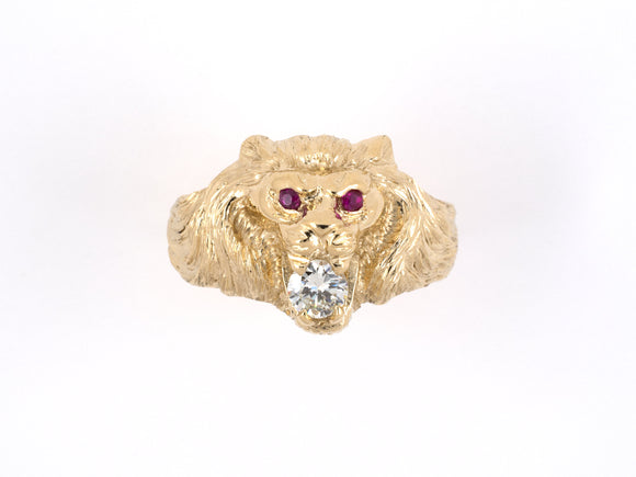 901898 - Gold Diamond Ruby Carved Lion Gents Ring