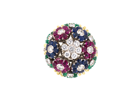 901944 - Italy Gold Diamond Ruby Emerald Domed Floral Design Ring