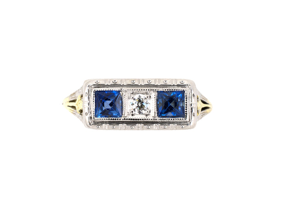 901983 - SOLD - Edwardian Gold Platinum Diamond Sapphire Engraved 3-Stone Ring
