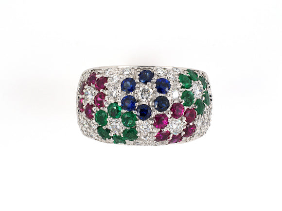 902008 - SOLD - Nabucco Italy Gold Diamond Emerald Sapphire Ruby Floral Design Wedding-Band Ring