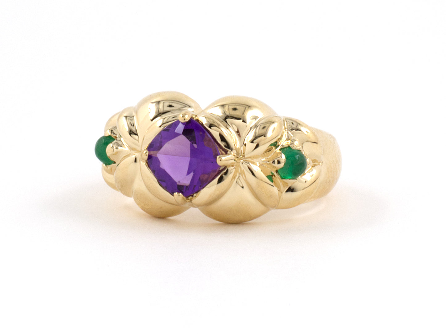 902019 - SOLD - Gold Amethyst Cabochon Emerald Floral Ring