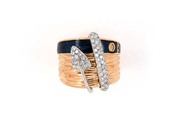 902021 - SOLD - La Nouvelle Bague Gold Diamond Blue Green Enamel Arrow Head Design Ring