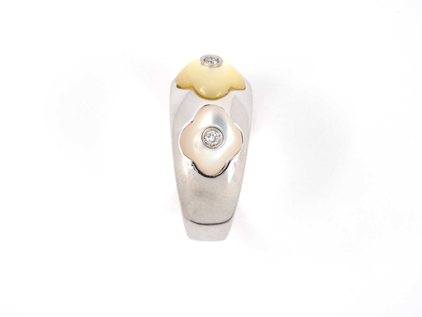 902038 - SOLD - Italy Gold Diamond Cabochon Mother Of Pearl Floral Band Ring