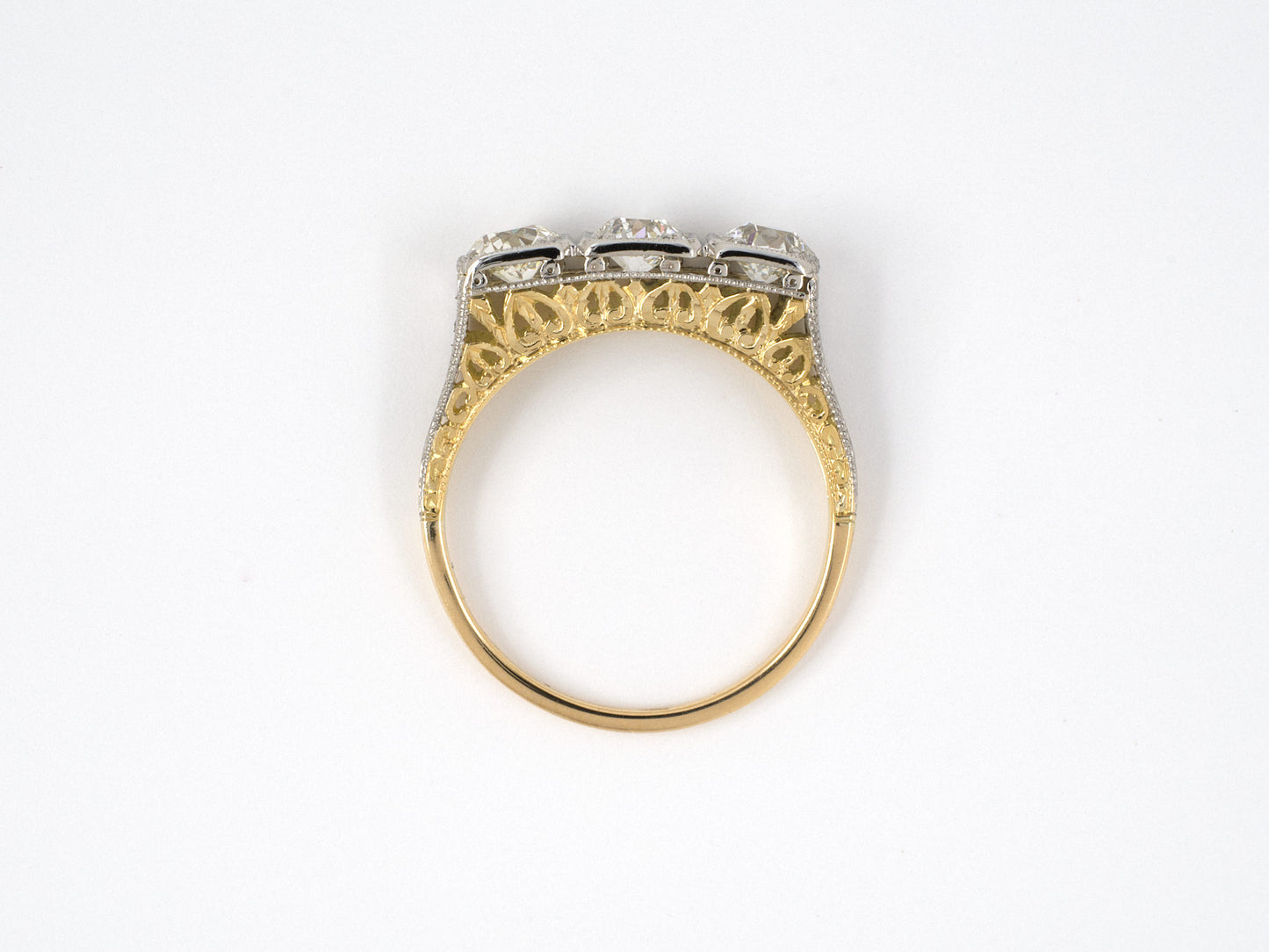 902045 - SOLD - Edwardian Platinum Gold Diamond Chased 3-Stone Ring