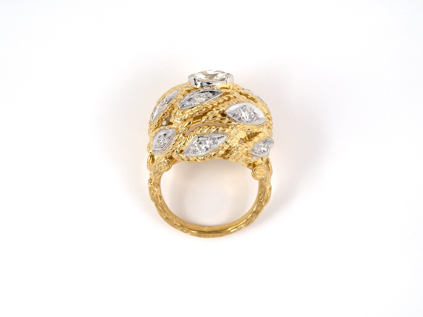 902076 - SOLD - Gold Diamond Floral Leaf Design Domed Ring