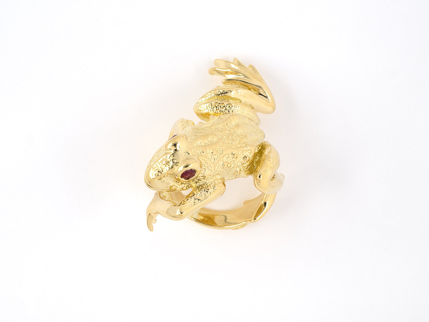 902090 - SOLD - Circa 1969 Kurt Wayne Gold Ruby Carved Frog Ring