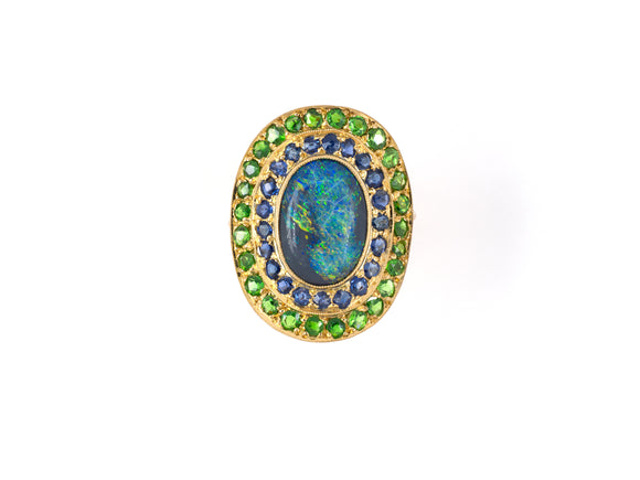 902110 - Art Nouveau Gold Black Opal Sapphire Demantoid Cluster Dinner Ring