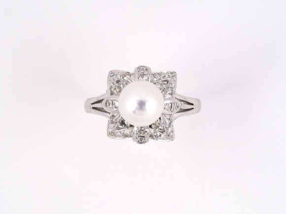 902136 - Gold Pearl Diamond Square Shaped Cluster Ring