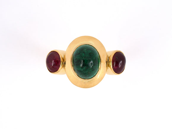 902141 - Lalaounis Gold Cabochon Emerald Burma Ruby 3-Stone Ring