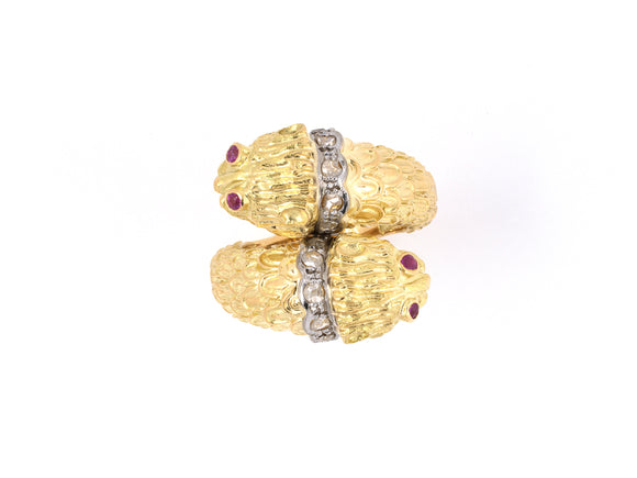 902142 - Lalaounis Greece Gold Rose Cut Diamond Ruby Twin Lions Head By Pass Ring