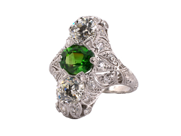90658 - Edwardian Platinum Demantoid Garnet Diamond Filigree 3-Stone Dinner Ring