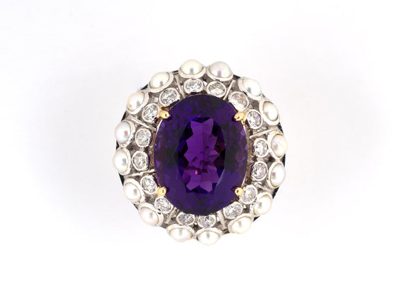 91148 - Circa 1950 Gold Amethyst Diamond Pearl Cluster Ring