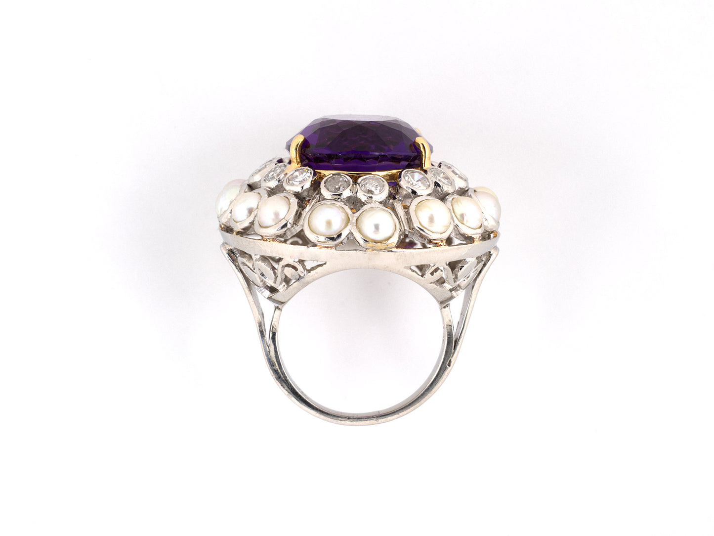 91148 - Circa 1950 Gold Amethyst Diamond Pearl Cluster Ring