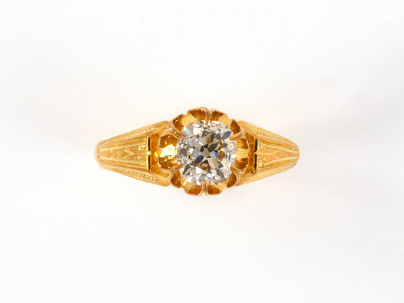 91393 - Gold Diamond Antique-Style Carved Chased Scalloped Solitaire Ring