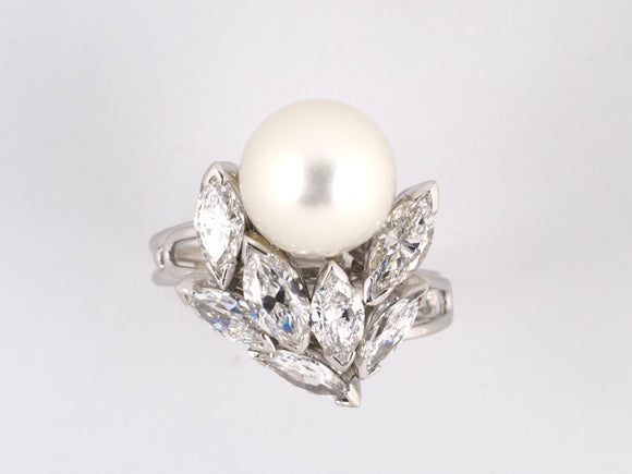 93975 - Platinum Pearl Diamond Leaf Ring