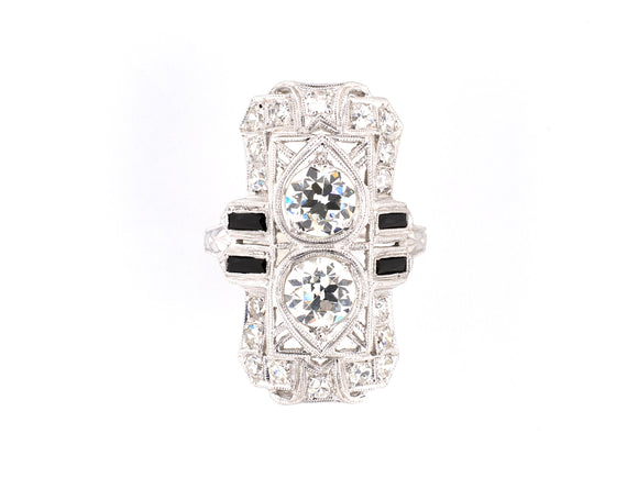 95113 - Art Deco Platinum Diamond Black Onyx Filigree Chased 2-Stone Dinner Ring