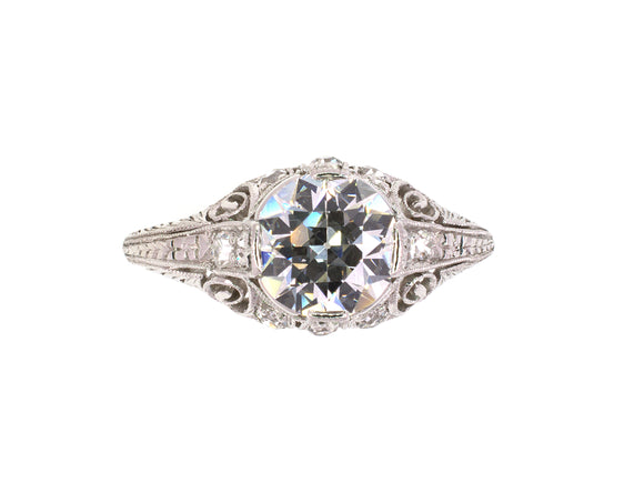 95291 - Platinum Diamond Filigree Chased Edwardian Engagement Ring,  1 Old European Cut Dia 1.10 Cts Gia (g-flaw), 11 Diamonds Est 1.30