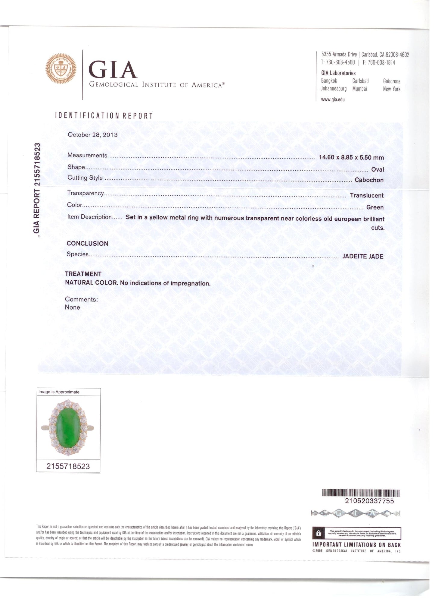 95674 - Victorian Gold GIA Jadeite Diamond Oval Cluster Ring