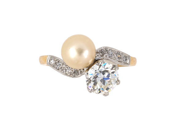 95683 - Edwardian Platinum Gold Diamond Pearl Twist Ring