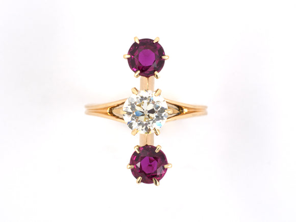 95964 - Victorian Gold Diamond Ruby 3 Stone Dinner Ring
