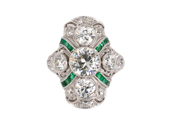 98981 - Art Deco Platinum Diamond Emerald 3 Stone Dinner Ring