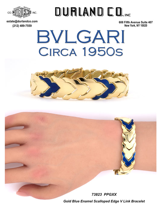 Gold Blue Enamel Scalloped Edge V Link Bracelet