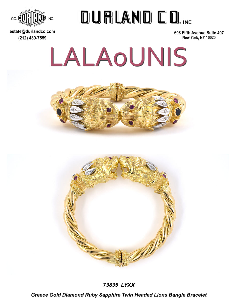Greece Gold Diamond Ruby Sapphire Twin Headed Lions Bangle Bracelet