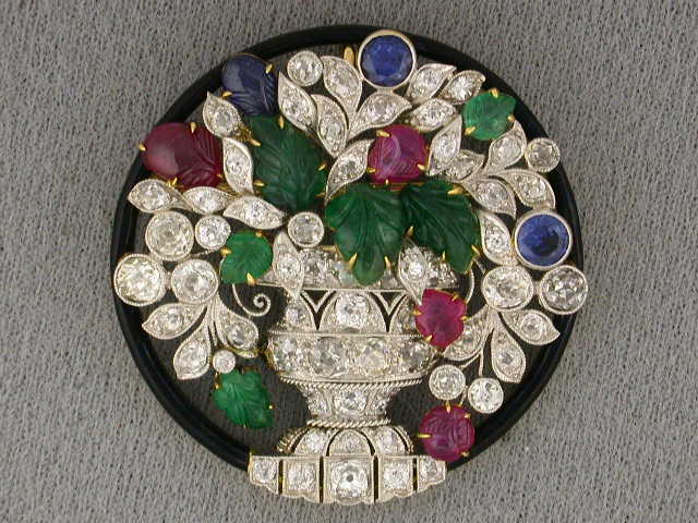 20776 - SOLD - Art Deco F.W. Lawrence Platinum Diamond Emerald Ruby & Sapphire Brooch