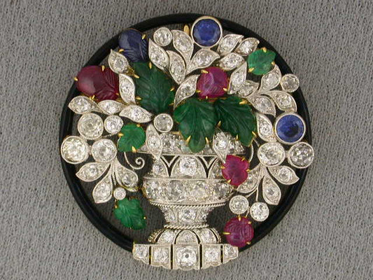 20776 - SOLD - Art Deco F.W. Lawrence Platinum Diamond Emerald Ruby & Sapphire Brooch