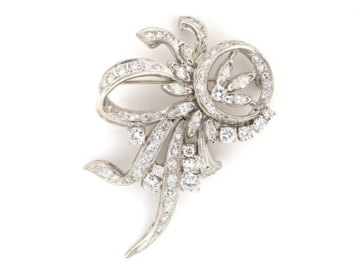 21132 - Circa 1950 Platinum Diamond Ribbon Spray Pin