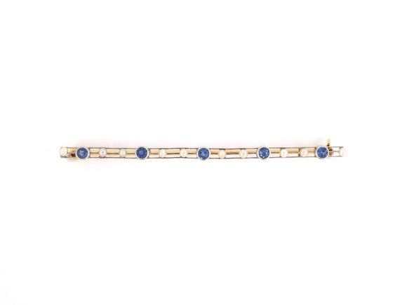 21153 - SOLD - Edwardian Harvey J Flint Platinum Gold Sapphire Pearl Bar Pin