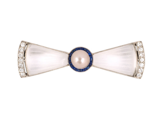21308 - Art Deco Marcus Platinum Pearl Sapphire Diamond Crystal Pin