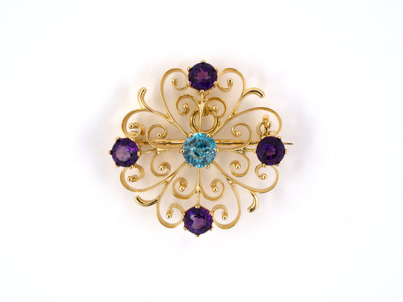 21326 - SOLD - Victorian Gold Blue Zircon Amethyst Scroll Pin Pendant