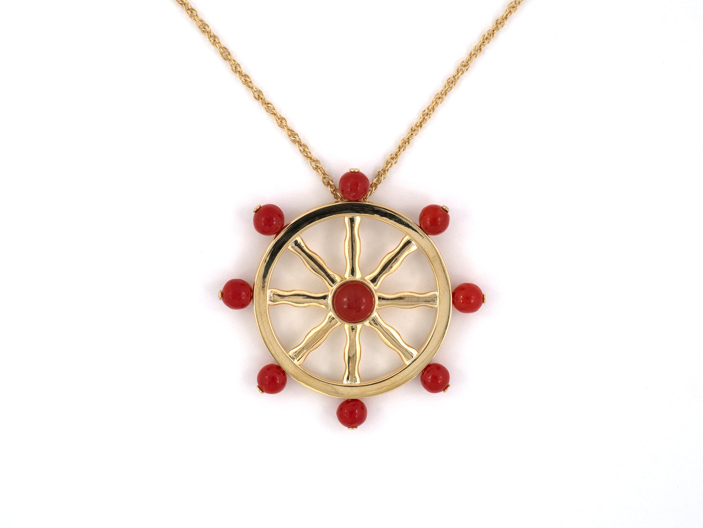21823 - Circa 1960s Gold Coral Boat Ships Wheel Pendant