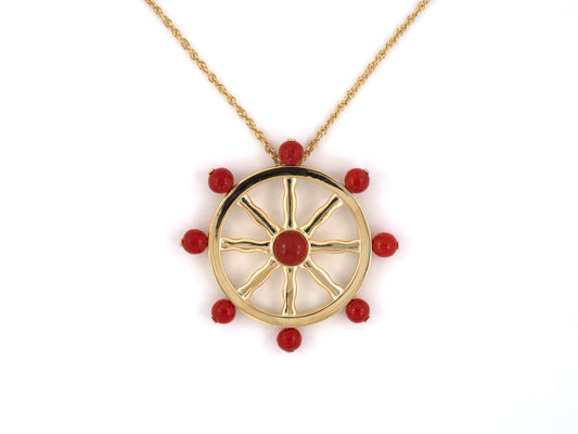 21823 - Circa 1960s Gold Coral Boat Ships Wheel Pendant