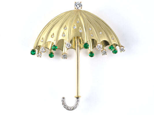 21875 - SOLD - Gold Platinum Diamond Emerald Umbrella Pin
