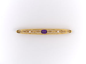 23175 - SOLD - Edwardian Gold Amethyst Seed Pearl Filigree Bar Pin