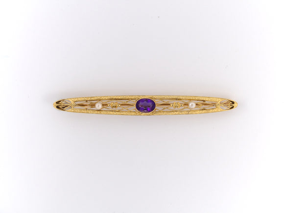 23175 - SOLD - Edwardian Gold Amethyst Seed Pearl Filigree Bar Pin