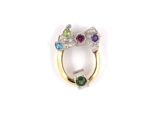 23282 - SOLD - Retro Gold Diamond Tourmaline Amethyst Topaz Peridot Bow Circle Pin