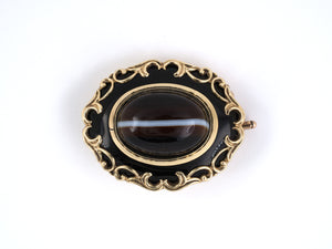 23304 - SOLD - Victorian Gold Sardonyx Black Enamel Brooch