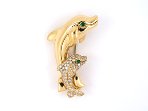 23346 - SOLD - Circa 1998 Cartier Gold Diamond Emerald Mother Child Dolphin Pin