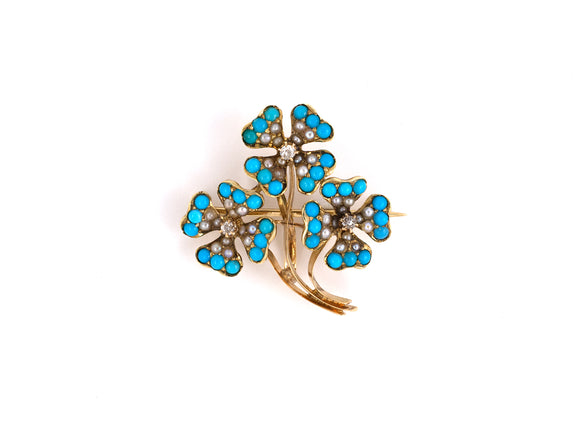 23428 - SOLD - Victorian Gold Turquoise Diamond Pearl Flower Pin