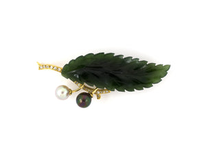 23499 - SOLD - Gold Nephrite Jade Diamond Pearl Leaf Pin