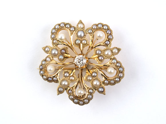 23530 - SOLD - Victorian Gold Diamond Pearl Floral Starburst Pin Pendant