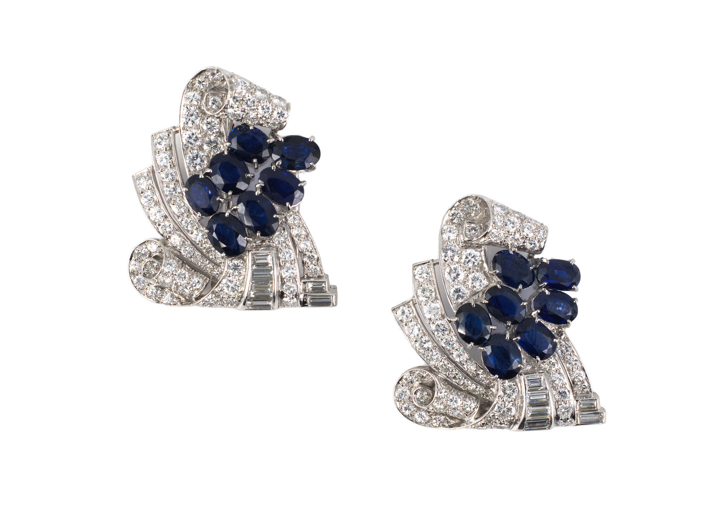 23614 - Art Deco Platinum Diamond Sapphire Ribbon Pin Clips