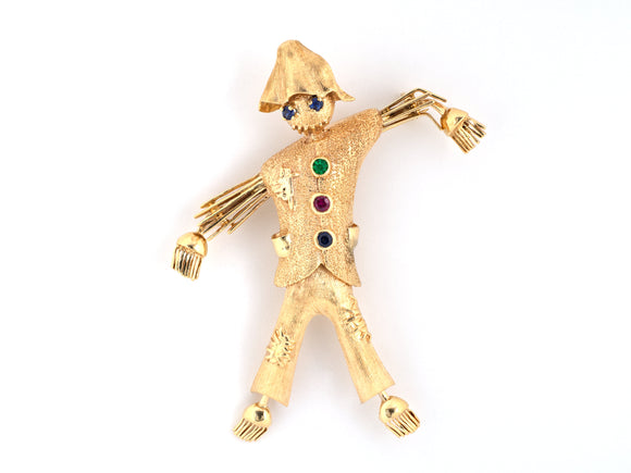 23620 - SOLD - Circa1950 F & F Felger Gold Emerald Ruby Scarecrow Pin