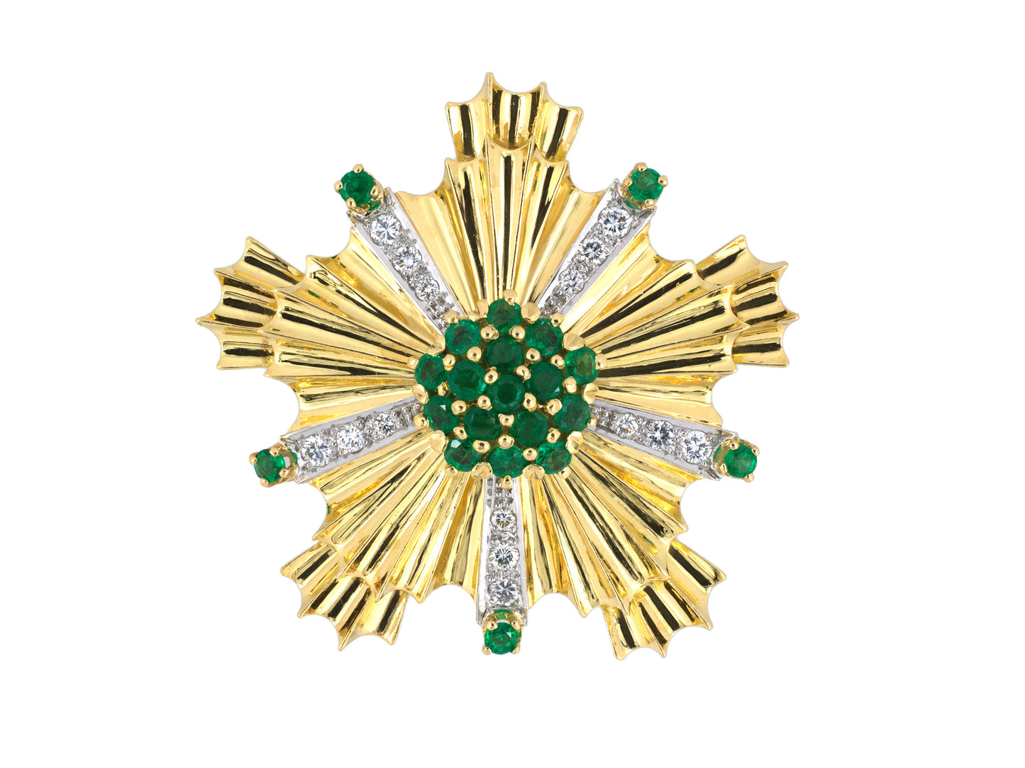 23656 - Circa 1950 Preformed Parts Gold Diamond Emerald Corrugated Starburst Pin