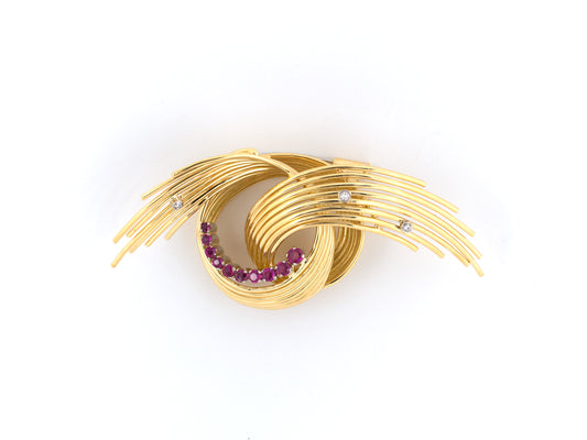 23761 - Circa 1950 Gold Ruby Diamond Wire Spray Bow Pin