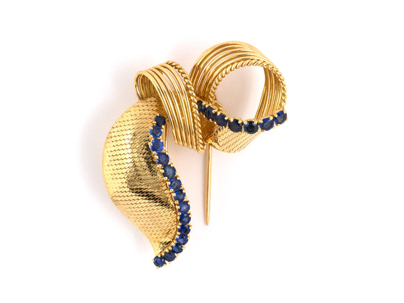 23821 - SOLD - Circa 1965 Cartier Gold Sapphire Ribbon Bow Pin