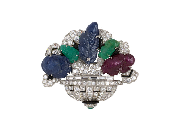 23951 - Platinum Diamond Carved Sapphire Ruby And Emerald Black Enamel French Dufour Art Deco Tutti Frutti Floral Basket Pin,  2